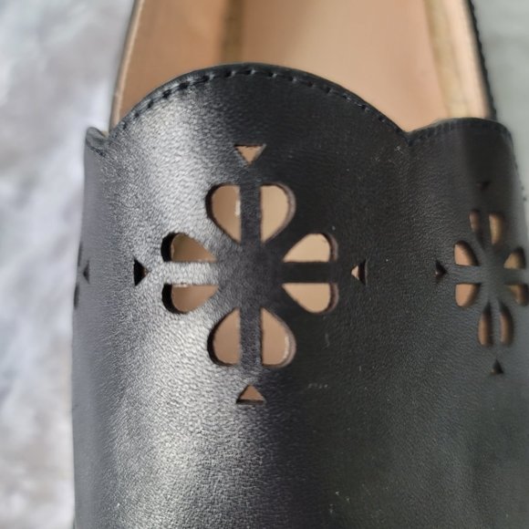 KATE SPADE Espadrille Gillian Black Leather Flats Slip On Laster Cutout Size 7 - Picture 11 of 12